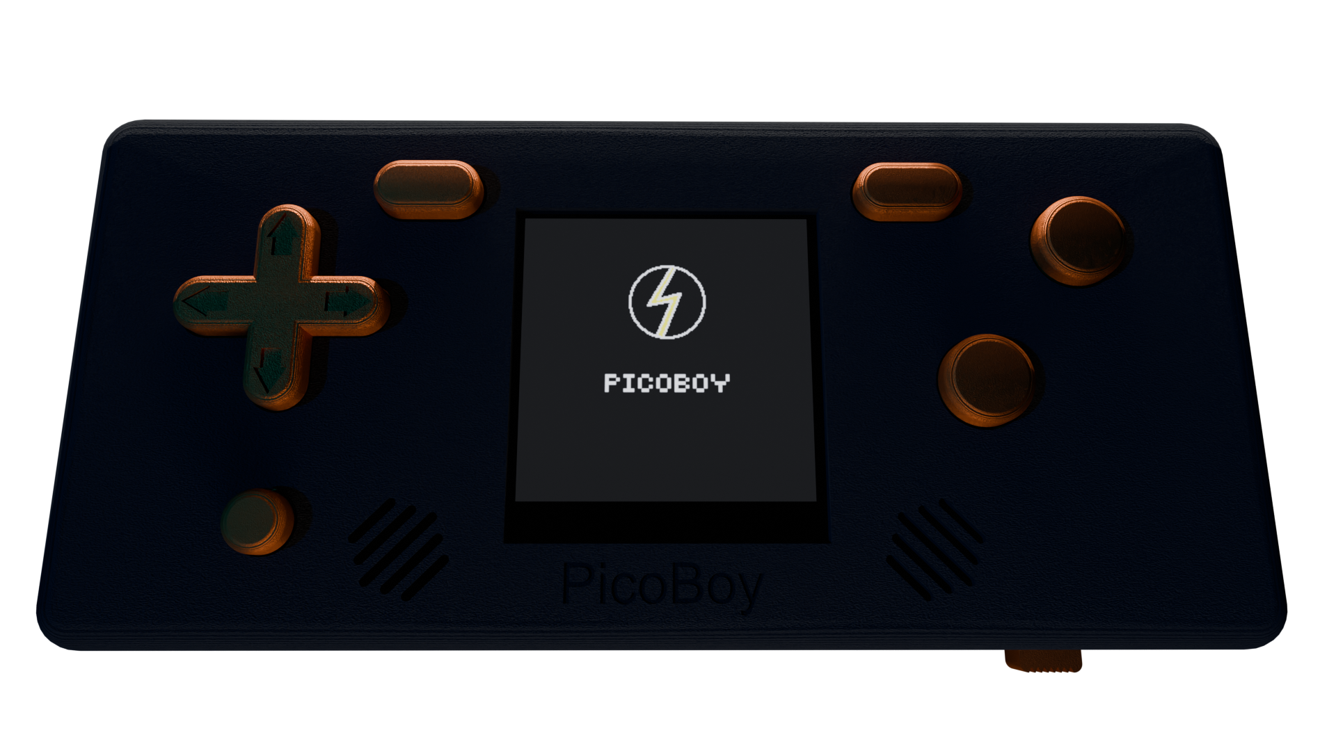 PicoBoy handheld console on dark with glow